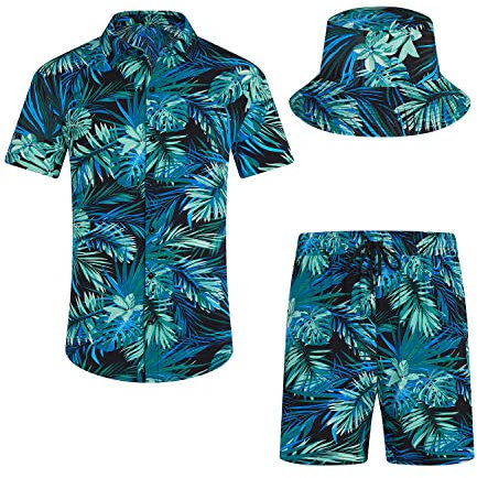 SPKPKEY Men's 2 Piece Classic Hawaiian Outfits Summer Casual Short Sleeve Shirts and Shorts Set with Bucket Hats Green Small