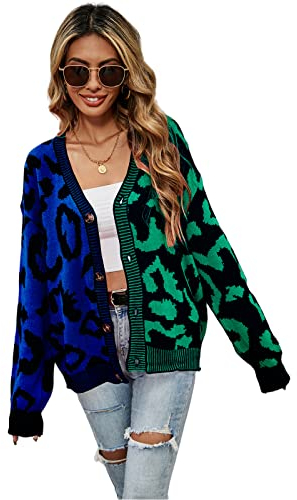 HEYPORK Damen Herbst Winter Warm Bequem Jacke Casual Mode übergangsjacke Mantel Frauen Pullover Leopardenmuster Patchwork Strickjacke Knopfleiste Strickpullover(B Blau, S)