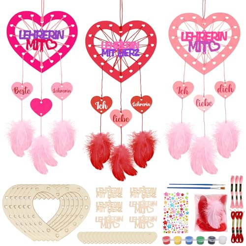 MONCAP 6 Stück Traumfänger Bastelset Kinder Herz Traumfänger Basteln Herzförmige Traumfänger Holz Traumfänger Kreativsets zum Bemalen für Kinder Mädchen Kreativ DIY Geburtstag Weihnachten Geschenk