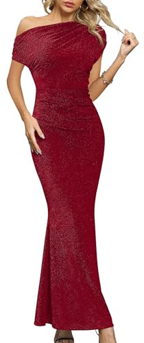 Missufe Hochzeit Lang Festlich Meerjungfrau Abendkleid Damen Cocktailkleid Ballkleid Elegant Maxi Bodycon One Shoulder Kleider (rot, groß)