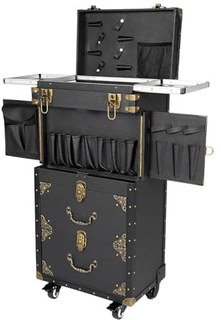 Konfiur Friseurwagen Trolley, 4-Tier Arbeitswagen Rechteckig Schminkkoffer Friseur Koffer, Groß Kosmetik-Organisator Nagelkoffer mit Griff Universal-Räder, 39 * 25.5 * 82cm Schwarz