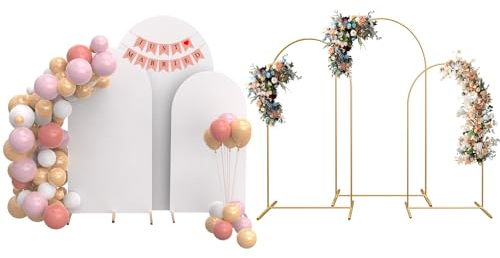 3 Stück Hochzeitsbogen Metall 1,2M 1,5M 1,8M Goldener Ballonbogen mit Gestell Traubogen Ständer mit weißen Hintergrundabdeckungen für Hochzeit, Geburtstag, Party, Zeremonie