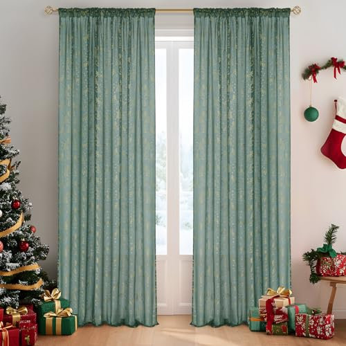 MRTREES gardine Weihnachten Vorhang transparent gardine grün gardinen mit Gold Muster gardine Wohnzimmer Schlafzimmer Vorhang 240 cm lang 140cm breit Vorhang halbtransparent 2er Set