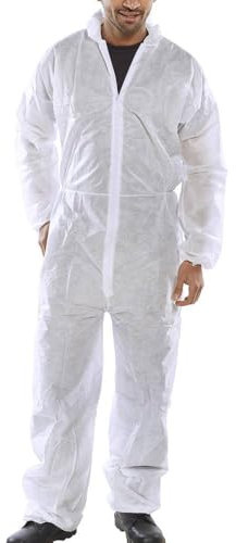 10 PACK - Poly Prop White Economy Lightweight Disposable Overall Boilersuit - Zip up, elasticated hood, ankles and wrists (Small)