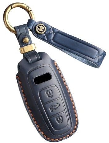 ontto Coque de clé de voiture porte-clés pour Audi A3 Sportback A6 A7 A8 E-Tron SQ7 SQ8 Q7 Q7 Q8 S3 S8 2020-2024 Étui de protection en cuir véritable pour clé 3 boutons Bleu