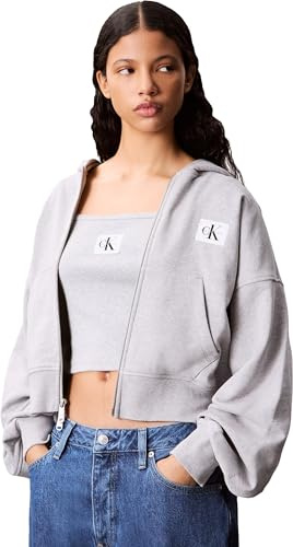 Calvin Klein Damen Sweatshirt mit Reißverschluss French Terry Badge Logo aus Baumwolle, Grau (Bc06 Grey Heather), S