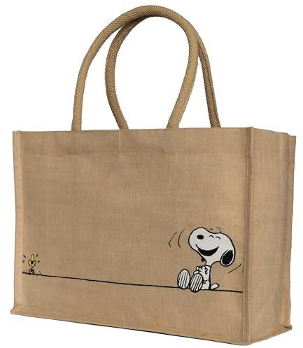 Kanguru Handtasche Damen Snoopy Design, Grosse Einkaufstasche aus Baumwoll-Jute mix mit schwarzer Fütterung, Chic, Elegant, Robust, Ideal als Einkaufskorb und Geschenkidee, bedruckt Peanuts shopper