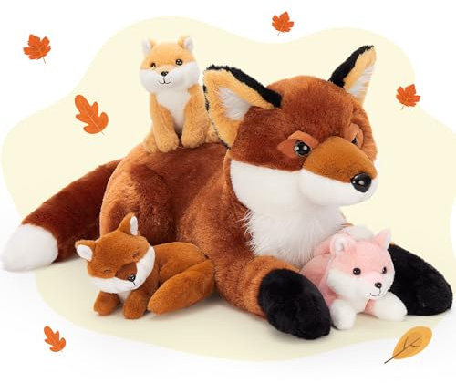 MorisMos 4 stücke Fuchs Kuscheltier XXL Set, 55cm riesen Fuchs Kuscheltier mit 3 Babys im Bauch, groß Fuchs Plüschtier Stofftier, Foxteddy als Geschenk für Kinder Baby