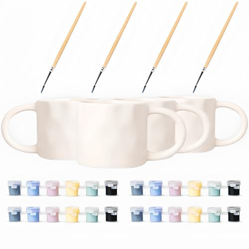 Weiße Keramik Tasse zum Bemalen Set - DIY Mug Painting für Erwachsene und Kinder, 4 Teiliges Kaffeebecher Set 200ml für Zuhause