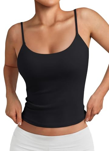 Trendy Queen Double Lined Adjustable Spaghetti Strap Tank Top for Women Cute Summer Basic Crop Top for Teen Workout Going Out Black S