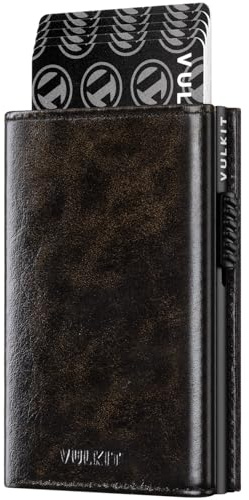 VULKIT Porte-Cartes de Crédit en Cuir Anti-RFID avec Texture Métallique Industrielle, Compartiment à Billets, Fenêtre pour Carte d'identité, Poche à Monnaie et Fermeture Magnétique