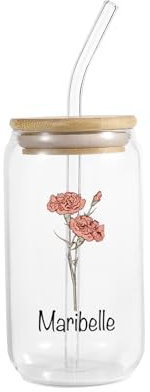 jewelora Mug en Verre Personnalisé avec Nom Fleur d'anniversaire Tasse à Café avec Couvercle Paille Cadeau Personnalisé pour Femme (1 nom)