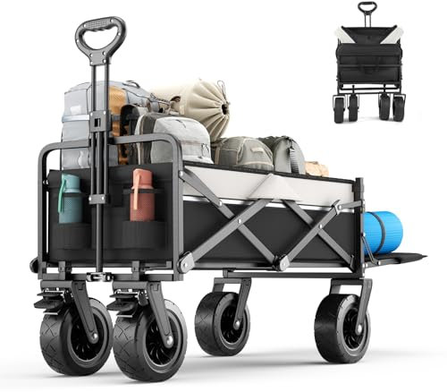 Trsaow 120L Chariot de Jardin sur Roues avec poignée réglable Chariot Pliant 100 kg Chariots Plage Camping en Plein air Plage de Pique-Nique Chariots de Transport Pliable