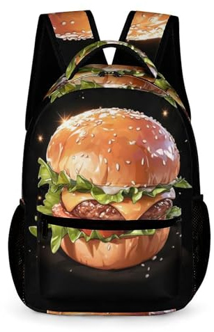 WECECE Rucksack Jungen 9 Jahre Burger-Muster Rucksack Für Kinder Von 7 Bis 11 Jahren Schulrucksack Mit Lebensmittel-Muster Leichter Reise Outdoor Freizeit