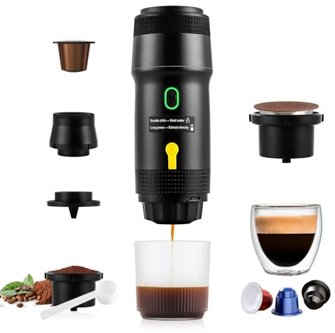 obecilc 3-In-1 Portable Espresso Maker, 20 Bar Mini Travel Coffee Maker for Camping, Car Coffee Maker Self-Heating with USB, Compatible with Ground Coffee & Capsule for Hiking, Office, RV(Black)