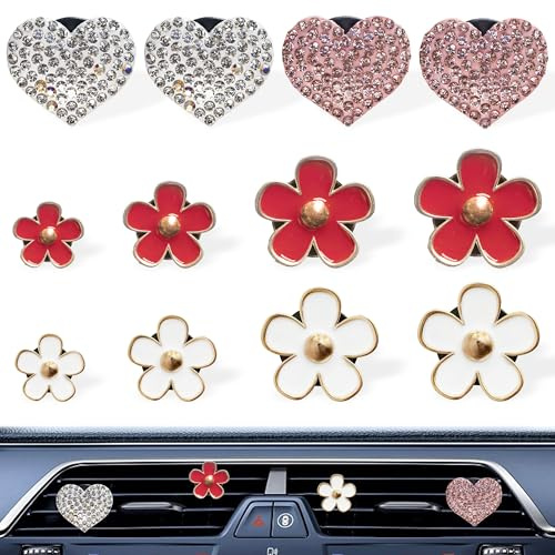 YiiHHooN Auto Lufterfrischer Clip, 12 Stück Air Outlet Lüfterfrischer Vent Clips, Diamante Herzförmig Gänseblümchen Blume Auto Deko Innenraum für Auto Zubehör Innenraum Frauen