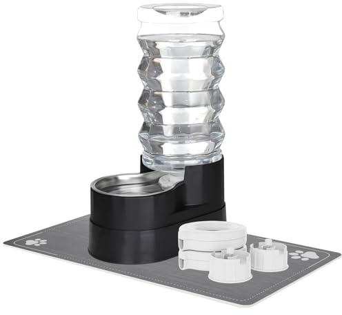 RIZZARI Upgraded Automatic Dog Water Dispenser: 9L Black Gravity Large Stainless Steel Raised Pet Fountain with Filter - Includes 2 Extra Filters & 2 Bottle Caps - Pet Feeder for Dogs Indoor Outdoor