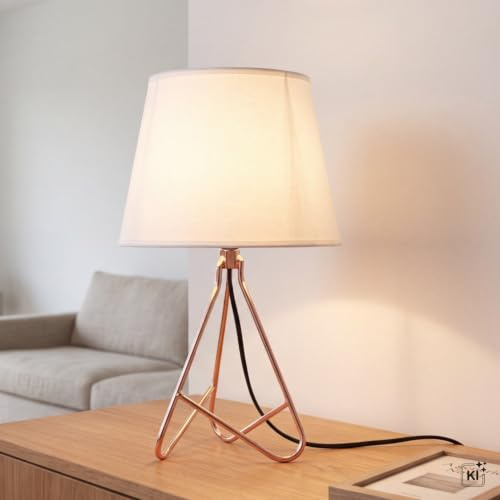 Licht-Erlebnisse Tischlampe Stoff Metall Weiß Kupfer Nachttisch Schlafzimmer 30 cm E14 bis 40 W Modern blendarm gemütlich Wohnzimmer Tischleuchte rund ZORIN