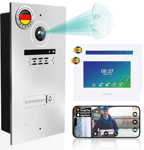 Mathfel 2-Draht Video Türsprechanlage mit Gesichtserkennung – WLAN Monitor, 2MP HD Kamera, 170° Weitwinkel, Türklingel mit Kamera & Türöffner für 1-Familienhaus (Silber, 2 x 7 Zoll)