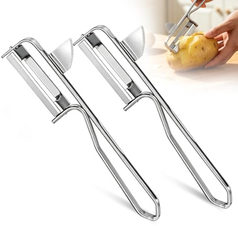 2 Piezas Pelador de Verduras y Frutas, Acero Inoxidable Pelador Universal, Peladors de Frutas Verduras Multifuncional, Mango Antideslizante, Zanahorias Papas Todo Tipo Verdura y Fruta, Plata