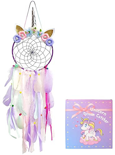 LED Lighted Up Unicorn Dream Catcher Wall Decor Colorful Feather Dreamcather Wall Hanging for Girls Kids Bedroom Decoration (Purple with Light)