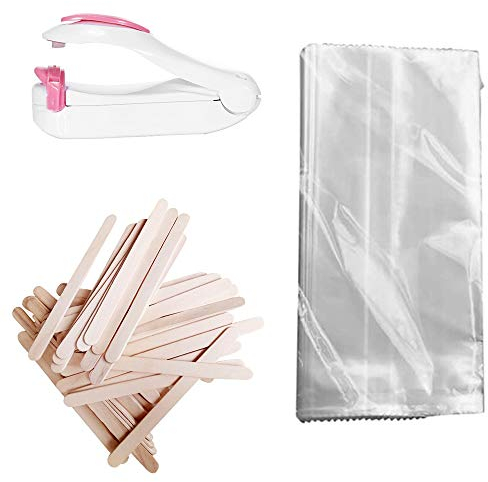 100 Piezas Bolsas de Paletas Transparentes/Palito de Helado de Madera y Mini Máquina de Sellado,Juego de Helado de Bricolaje Casero Hecho a Mano,Herramienta para Hacer Helados para Fiestas Familiares