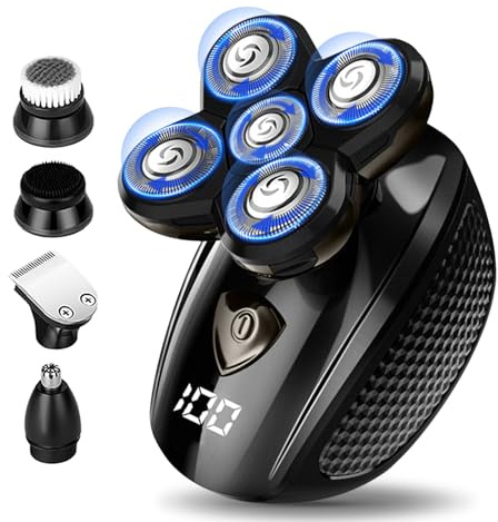 Tiklean Glatzenrasierer, elektrischer Kopfrasierer für kahle Männer, 5-in-1 Kopf- und Gesichtspflege-Set, wasserdicht, kabellos, rotierender Rasierer und wiederaufladbar über USB, Geschenke für Männer