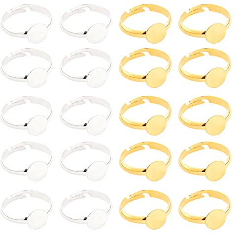 PandaHall 40 Stück 2 Farben Einstellbarer Flachring-Basisrohling, Ringringe Aus Metall Mit Runden Fingerringen Ringrohlinge Mit 8 mm Flachen Ringen Cabochon-Basislünette Für Das Kit Zur Herstellung