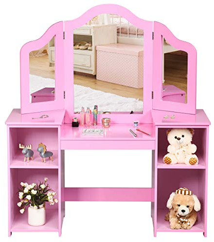 RELAX4LIFE Kinderschminktisch, 2 in 1 Schminktisch & Schreibtisch, mit abnehmbarem dreiteiligem Acryl-Spiegel, Frisiertisch mit 4 Aufbewahrungsfächern, süßes Geschenk für Mädchen Prinzessin (Pink)