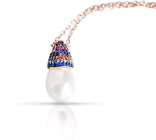 Tiramisu | Collana con Ciondolo di Perla e Zirchoni | Gioiello Donna/Ragazza | 925 Argento Sterling Placcato Oro Rosa | Perla Naturale Coltivata| Collanina Sottile| Regalo Elegante| Senza Nichel |38cm