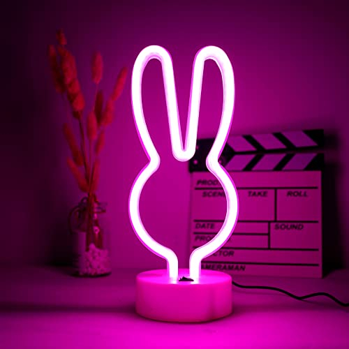 ENUOLI LED Kaninchen Neonlicht Neonschild Rosa Neon USB/Batteriebetriebene Neonlampe Led Nettes Neonlicht mit Halter Basis Kaninchen Neonlicht Schild Wanddekoration für Party Weihnachtsfeier Tisch