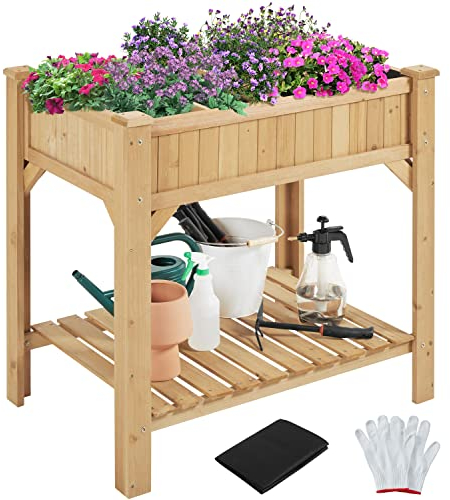 Yaheetech Huerto Urbano Exterior Mesa de Cultivo de Madera Abeto con 8 Compartimentos 91,5 x 62 x 92,5 cm con Guantes para Jardín Terraza Balcón Marrón Claro