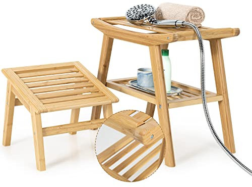 RELAX4LIFE Ensemble Tabouret de Douche en Bois avec Repose-Pieds Antidérapant, Tabouret Salle de Bain Bois Étanche avec Étagère de Rangement pour Personnes Âgées, Enceintes, Charge Max 150kg