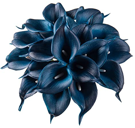 DuHouse 20 Stück künstliche Calla-Lilien-Blumen, fühlt sich echt an, Latex-Blumen für DIY-Hochzeitsstrauß, Party, Heimdekoration (dunkelblau)