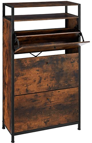 tectake® Industrial Schuhschrank mit 3 Klappen, 130 x 61 x 32 cm, Schuhregal Holz + Metall, Kommode mit 3 Fächern, Sideboard für Schuhe, Schuhkipper, Garderobe (Industrial Dunkelbraun)