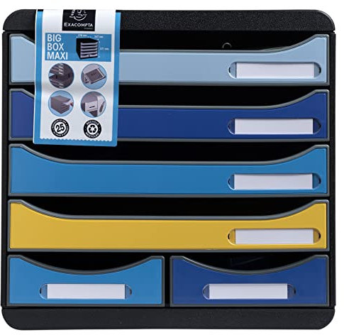 Exacompta 3124202D Ablagebox BeeBlue aus Recycling-Kunststoff mit 4 Schubladen für DIN A+ Dokumente und 2 Schubladen für Utensilien. Belastbare Schubladenbox für mehr Platz. Blauer Engel Big Box Maxi
