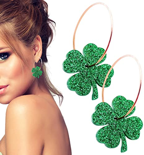 Renywosi Vierblättriges Kleeblatt Ohrringe - Grüne Glitzer Fishhook St. Patrick's Day Damen Ohrhänger,Irisches Kleeblatt, grün, Ohrringe, Modeschmuck, Geschenk, St. Patricks Day