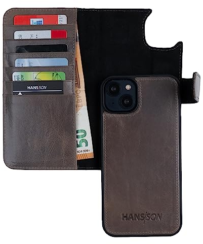 HANS/SON Echt-Leder-Handyhülle für iPhone 14 – Schmale 2 in 1 Klapphülle mit Kreditkartenetui, Magsafe kompatibel, perfekte Passform, stoßfest, Standfunktion, 6,1 Zoll – Grau