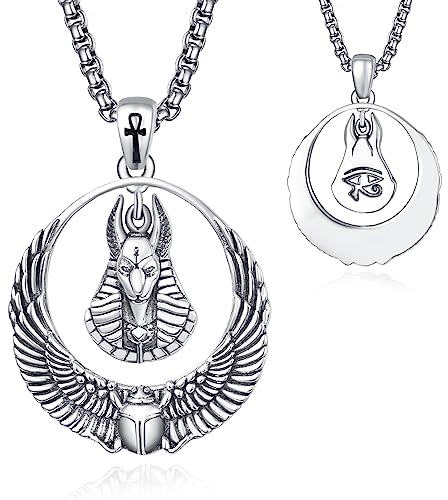 KATHLU Anubis Skarabäus Ankh Kreuz Halskette 925 Sterling Silber Amulett Anubis Ankh Skarabäus Kreuz Runen Anhänger Auge des Horus Schmuck als Geschenk für Jungen