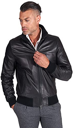 D'Arienzo Bomber in Pelle Nera Uomo Giubbotto Giubbino Vera Pelle Made in Italy 107 Nero/52