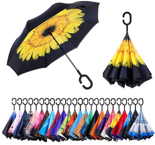 CICILIAYA Double Layer Folding Inverted Umbrella, Self Stand Upside-down Rain Protection Car Reverse Umbrellas with C-shaped Handle Big Straight Umbrella (Yellow 1)