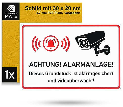 Cartello ATTENZIONE! SISTEMA DI ALLARME! L'immobile è videosorvegliato!, 1 pz, 30 x 20 cm, cartello in PVC spesso 2,7 mm con fori, cartello di allarme per interni ed esterni, avviso TVCC