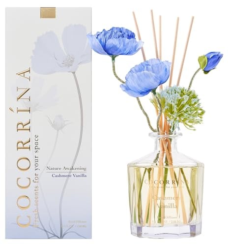 Cocorrína Fiore Diffusore Profumo Ambiente con 8 bastoncini di fragranza 250ml- Cashmere Vaniglia, naturale, di lunga durata, per la camera da letto, l'ufficio, il bagno (Collezione Master)