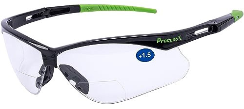 ProtectX 1.5 Diopter Bifocal Reading Safety Glasses, Eye Protection Glasses for Men Women, ANSI Z87.1 Impact Resistant Wraparound Anti-Fog Glasses