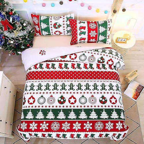 Menkala Weihnachts Bettwäsche 135x200 2teilig Grün Rot Patchwork Weihnachtsbaum Muster Bettbezug Mädchen Kinderbettwäsche Mikrofaser Weihnachtsbettwäschee mit Reißverschluss und Kissenbezug 80x80