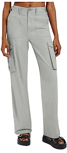 Cargohose Damen Baggy Bequem Hose Damenhose Lange Beine Jogginghose Lang Weites Bein Wanderhose Mit Taschen Freizeithose Treckinghose Lockere Outdoorhose Gerades High Waist Relaxhose (Grau, XXL)