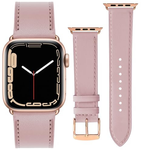 ONET8O Leather Strap Compatible with Apple Watch Series Genuine Leather Replacement Band for iWatch 38/40/41/42/44/45/49mm for Women and Men Rose gold Adapters-42/44/45/49mm Pink sand