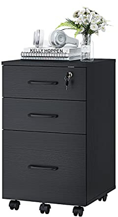 Panana 3 Drawers Mobile File Cabinet, Wooden Compact Under Desk Storage Unit Rolling Office Cabinet for Home Office Organization (Black-2)