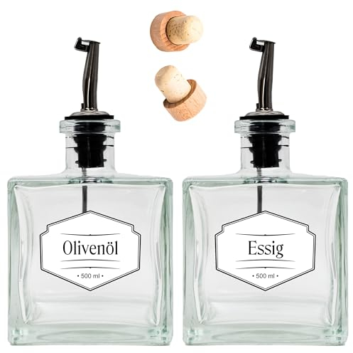 Flaschen zum befüllen 500ml mit Edelstahl-Ausgießer und Korken für Öl, Essig, Likör, Whiskey, Gin - ideal zum Verschenken