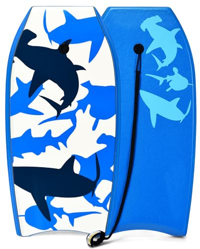 HOMASIS Bodyboard mit Halteleine, Rutschfestes Schwimmbrett aus XPE & HDPE, Surfbrett mit Hai-Aufdruck, Surfboard Schwimmboard tragbar für Kinder & Erwachsene, Blau (Groß (105 x 51 x 6 cm))